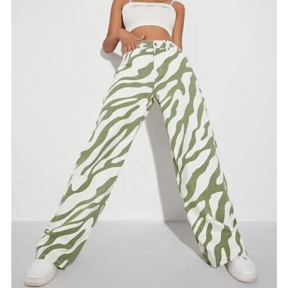 Shein Jeans High Waisted Zebra Striped Off White Green Straight Leg Denim XS NEW - Picture 1 of 14